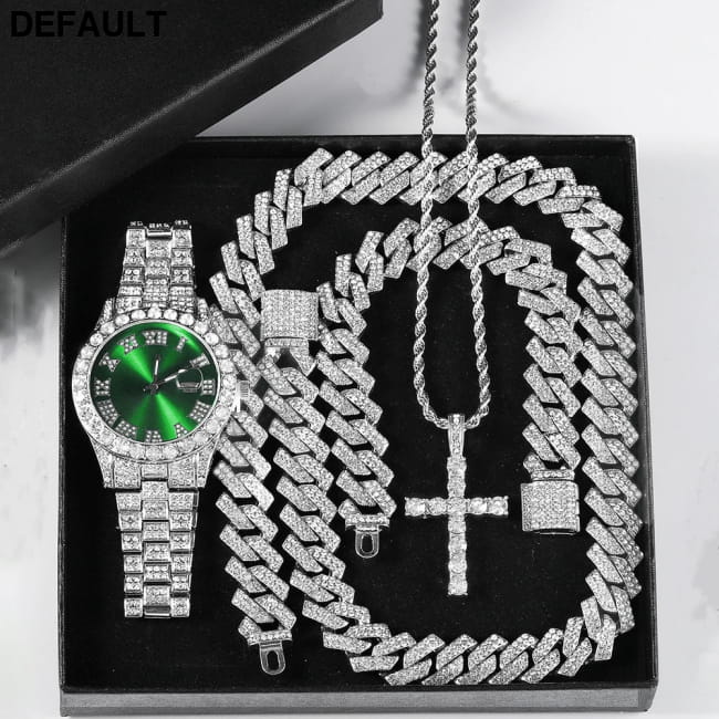 Exquisite Watch Set with Gift Box Cuban Chain Diamond Men Bracelets Jewelry Sets