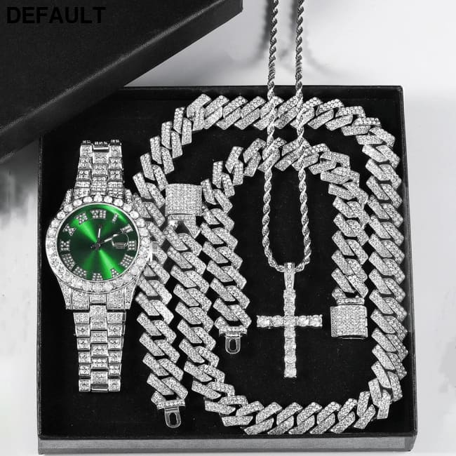 Exquisite Watch Set with Gift Box Cuban Chain Diamond Rhinestone Bracelet Pendant Cross Hip Hop Fashion Jewelry Men