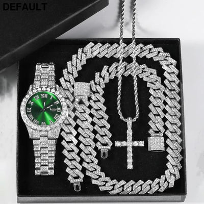 Exquisite Watch Set with Gift Box Cuban Chain Diamond Rhinestone Bracelet Pendant Cross Hip Hop Fashion Jewelry Men