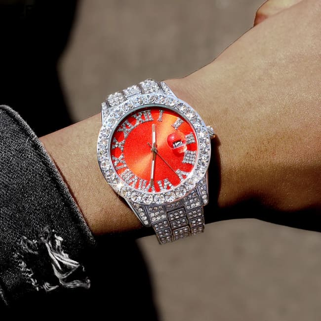 Exquisite Watch Set with Gift Box Cuban Chain Diamond Rhinestone Bracelet Pendant Cross Hip Hop Fashion Jewelry Men