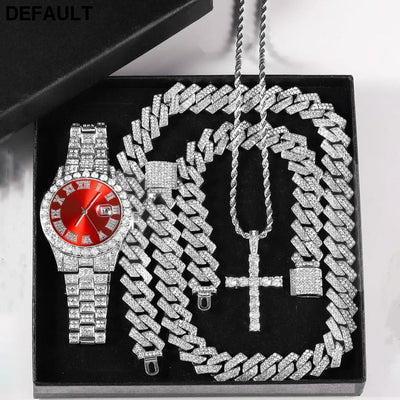 Exquisite Watch Set with Gift Box Cuban Chain Diamond Rhinestone Bracelet Pendant Cross Hip Hop Fashion Jewelry Men