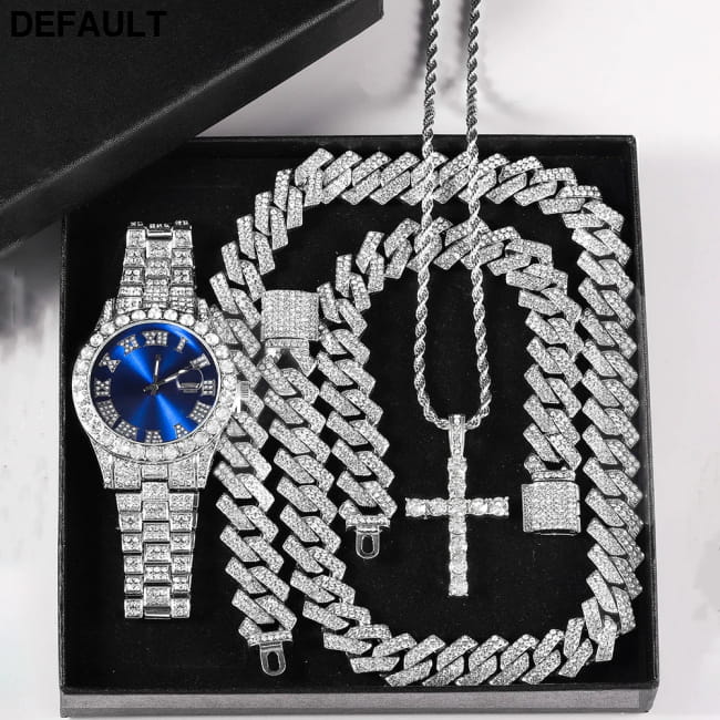 Exquisite Watch Set with Gift Box Cuban Chain Diamond Men Bracelets Jewelry Sets