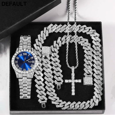 Exquisite Watch Set with Gift Box Cuban Chain Diamond Rhinestone Bracelet Pendant Cross Hip Hop Fashion Jewelry Men