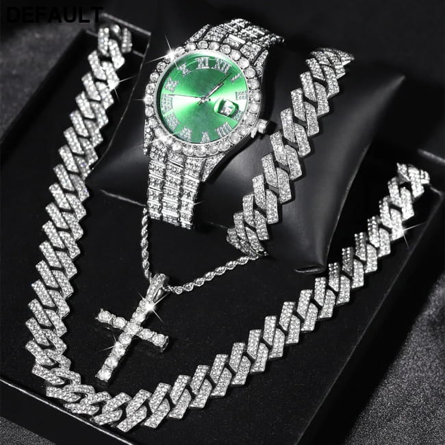 Exquisite Watch Set with Gift Box Cuban Chain Diamond Men Bracelets Jewelry Sets