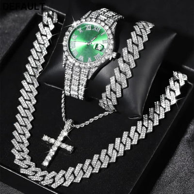 Exquisite Watch Set with Gift Box Cuban Chain Diamond Rhinestone Bracelet Pendant Cross Hip Hop Fashion Jewelry Men