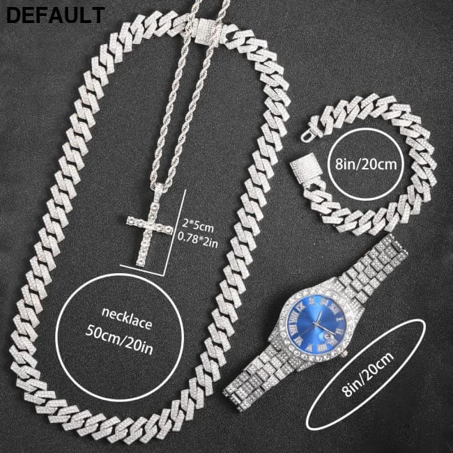 Exquisite Watch Set with Gift Box Cuban Chain Diamond Rhinestone Bracelet Pendant Cross Hip Hop Fashion Jewelry Men
