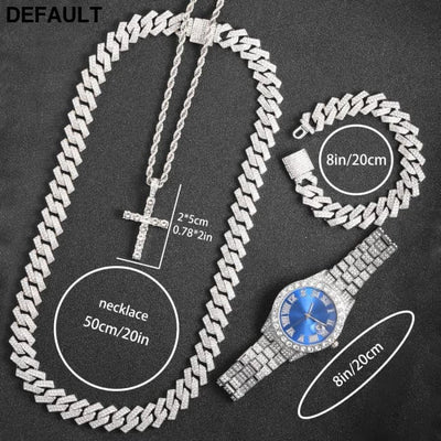 Exquisite Watch Set with Gift Box Cuban Chain Diamond Rhinestone Bracelet Pendant Cross Hip Hop Fashion Jewelry Men