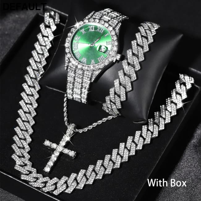 Exquisite Watch Set with Gift Box Cuban Chain Diamond Rhinestone Bracelet Pendant Cross Hip Hop Fashion Jewelry Men