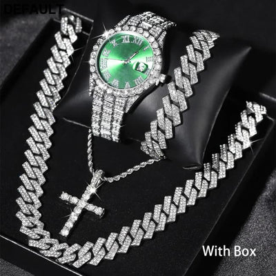 Exquisite Watch Set with Gift Box Cuban Chain Diamond Rhinestone Bracelet Pendant Cross Hip Hop Fashion Jewelry Men