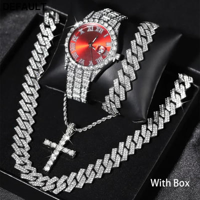 Exquisite Watch Set with Gift Box Cuban Chain Diamond Rhinestone Bracelet Pendant Cross Hip Hop Fashion Jewelry Men