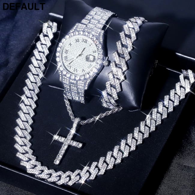 Exquisite Watch Set with Gift Box Cuban Chain Diamond Rhinestone Bracelet Pendant Cross Hip Hop Fashion Jewelry Men