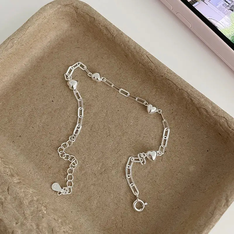 S925 Sterling Silver 3D Heart Bracelet For Women Geometric Jewelry