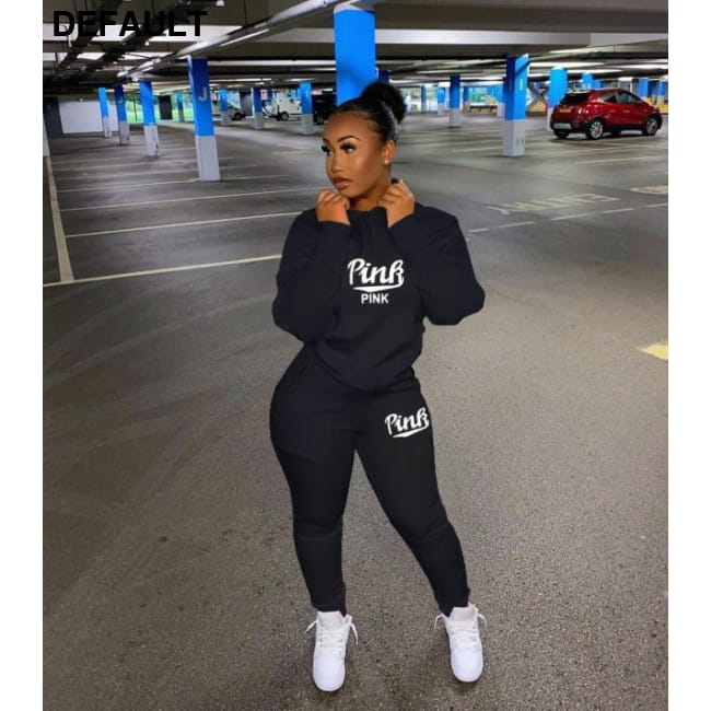 Fall Winter Tracksuits Two Piece Set Women Pink Letter black / S Jumpsuits & Rompers Outfit Sets