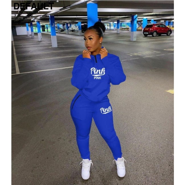Fall Winter Tracksuits Two Piece Set Women Pink Letter Deep Blue / S Jumpsuits & Rompers Outfit Sets