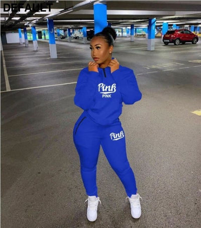 Fall Winter Tracksuits Two Piece Set Women Pink Letter Print Sport Casual Outfits Zip Sweatshirt Top + Pants Sweat