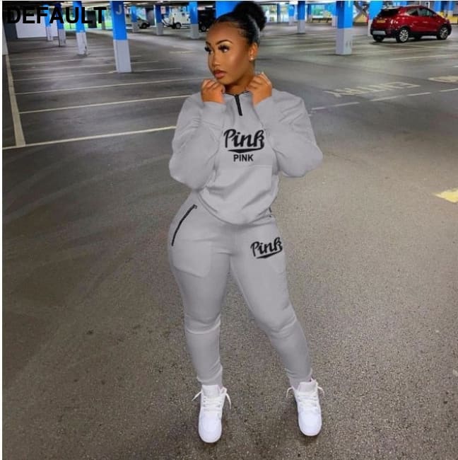Fall Winter Tracksuits Two Piece Set Women Pink Letter Print Sport Casual Outfits Zip Sweatshirt Top + Pants Sweat