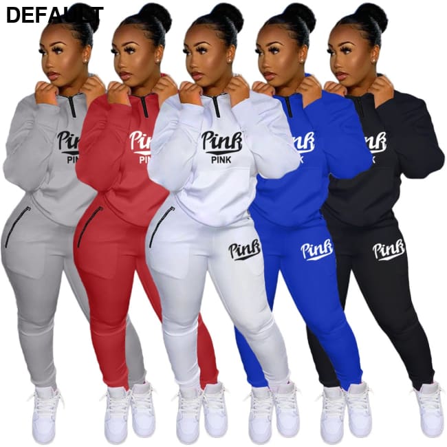 Fall Winter Tracksuits Two Piece Set Women Pink Letter Print Sport Casual Outfits Zip Sweatshirt Top + Pants Sweat