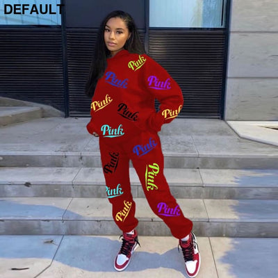 Fall Winter Tracksuits Two Piece Set Women Pink Letter Print Sport Casual Outfits Zip Sweatshirt Top + Pants Sweat