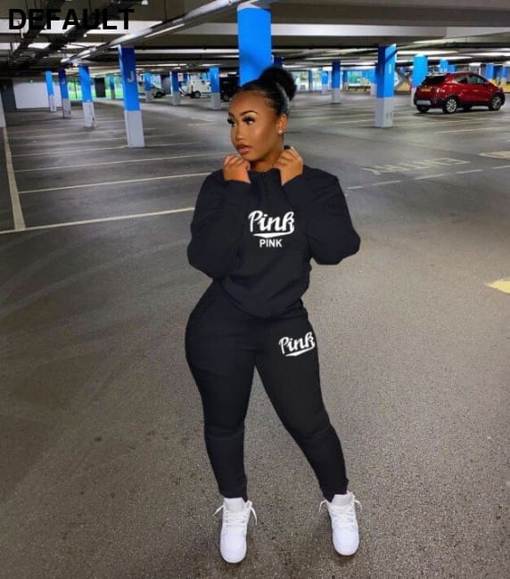 Fall Winter Tracksuits Two Piece Set Women Pink Letter Print Sport Casual Outfits Zip Sweatshirt Top + Pants Sweat