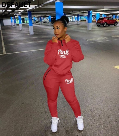 Fall Winter Tracksuits Two Piece Set Women Pink Letter Print Sport Casual Outfits Zip Sweatshirt Top + Pants Sweat