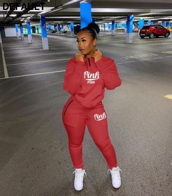 Fall Winter Tracksuits Two Piece Set Women Pink Letter Print Sport Casual Outfits Zip Sweatshirt Top + Pants Sweat