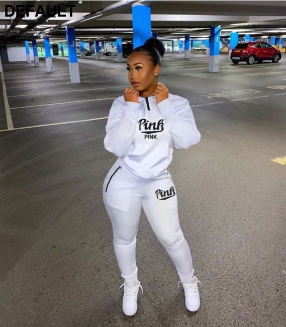 Fall Winter Tracksuits Two Piece Set Women Pink Letter Print Sport Casual Outfits Zip Sweatshirt Top + Pants Sweat