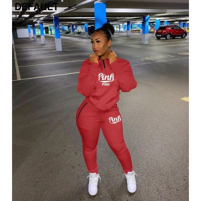 Fall Winter Tracksuits Two Piece Set Women Pink Letter Red / S Jumpsuits & Rompers Outfit Sets