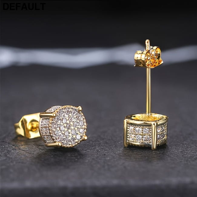Fancy Round Shaped Stud Earrings Paved Shiny CZ Stone Golden Men