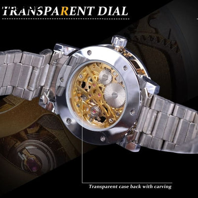 Fashion Casual Classic Popular Skeleton Rhinestone Manual Mechanical Watch Identity Status silver shell with gold