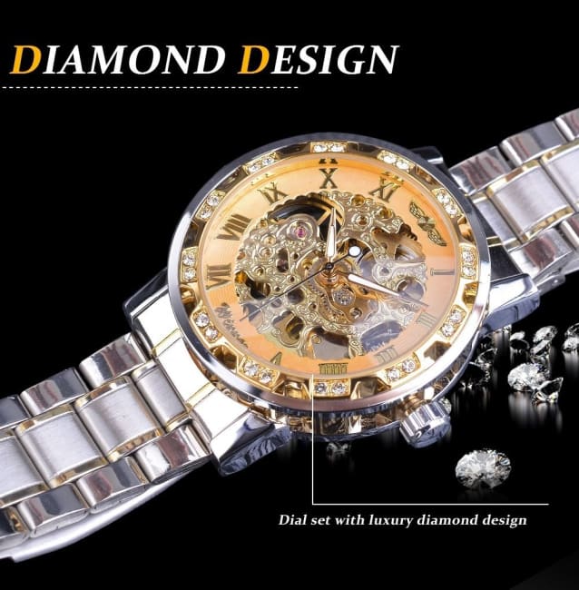 Fashion Casual Classic Popular Skeleton Rhinestone Manual Mechanical Watch Identity Status silver shell with gold