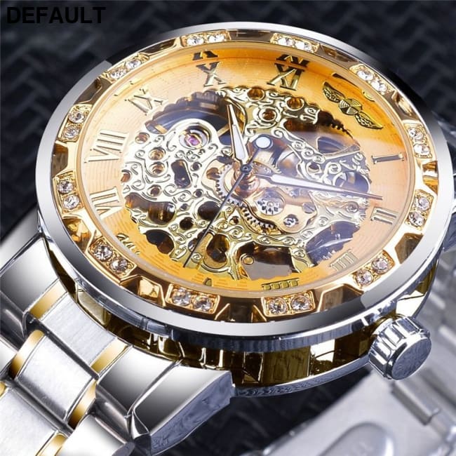 Fashion Casual Classic Popular Skeleton Rhinestone Manual Mechanical Watch Identity Status silver shell with gold