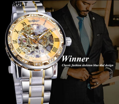 Fashion Casual Classic Popular Skeleton Rhinestone Manual Mechanical Watch Identity Status silver shell with gold