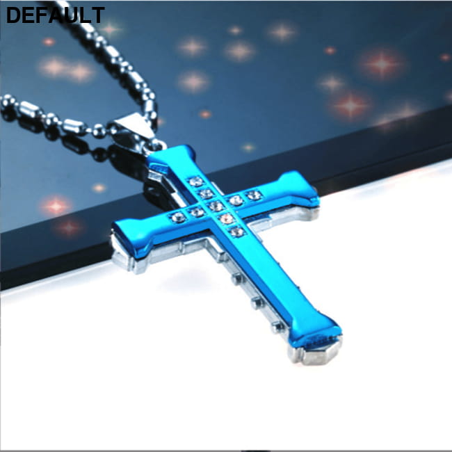 Fashionable Men Jesus Cross Zircon Necklace Gold Plated blue / CN Necklaces
