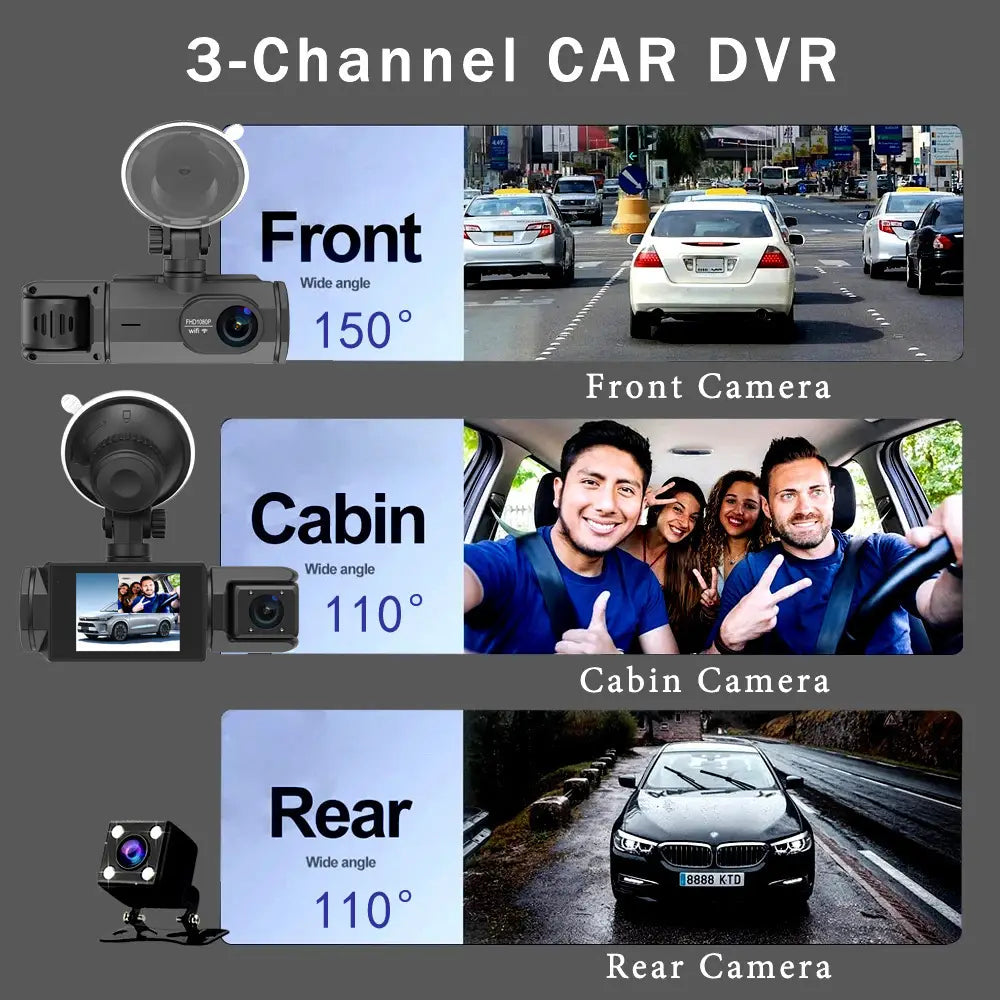 HD 1080p Driving Recorder Three-lens Same Display
