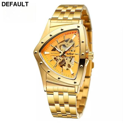 Gentleman’s Style Men’s Fashion Casual Skeleton Triangle Automatic Mechanical Watch Full Gold Color golden Men Quartz