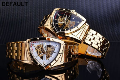 Gentleman’s Style Men’s Fashion Casual Skeleton Triangle Automatic Mechanical Watch Full Gold Color golden Men Quartz
