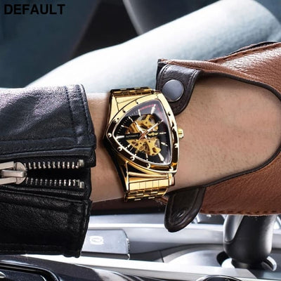 Gentleman’s Style Men’s Fashion Casual Skeleton Triangle Automatic Mechanical Watch Full Gold Color golden Men Quartz