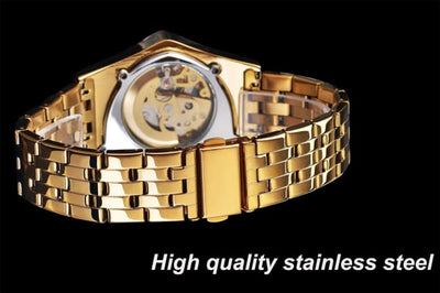 Gentleman’s Style Men’s Fashion Casual Skeleton Triangle Automatic Mechanical Watch Full Gold Color golden Men Quartz
