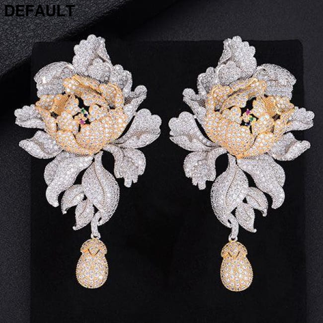 GODK 76mm Luxury Peony Flower Blossom Cubic Zirconia Women Bicolor Sterling Silver Earrings