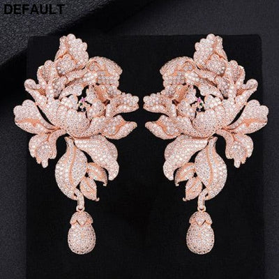 GODK 76mm Luxury Peony Flower Blossom Cubic Zirconia Women Statement Long Drop Earring Wedding Party Bridal Fringed