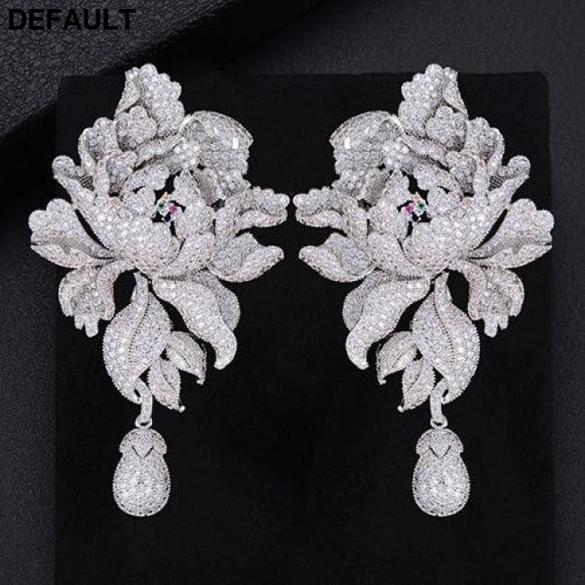 GODK 76mm Luxury Peony Flower Blossom Cubic Zirconia Women Silver Sterling Earrings