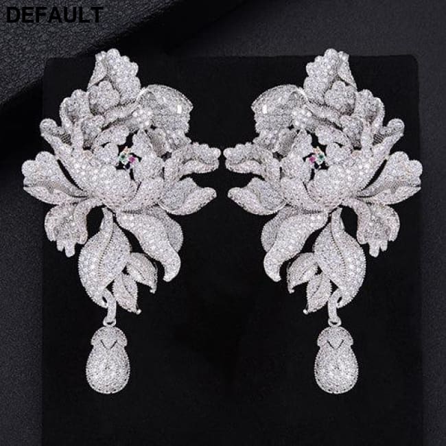 GODK 76mm Luxury Peony Flower Blossom Cubic Zirconia Women Statement Long Drop Earring Wedding Party Bridal Fringed