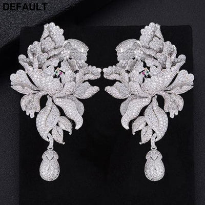 GODK 76mm Luxury Peony Flower Blossom Cubic Zirconia Women Statement Long Drop Earring Wedding Party Bridal Fringed