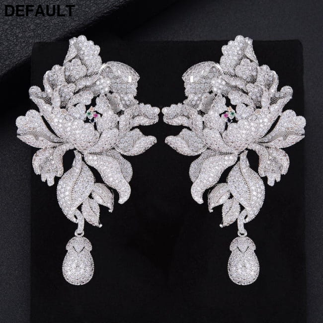 GODK 76mm Luxury Peony Flower Blossom Cubic Zirconia Women Sterling Silver Earrings