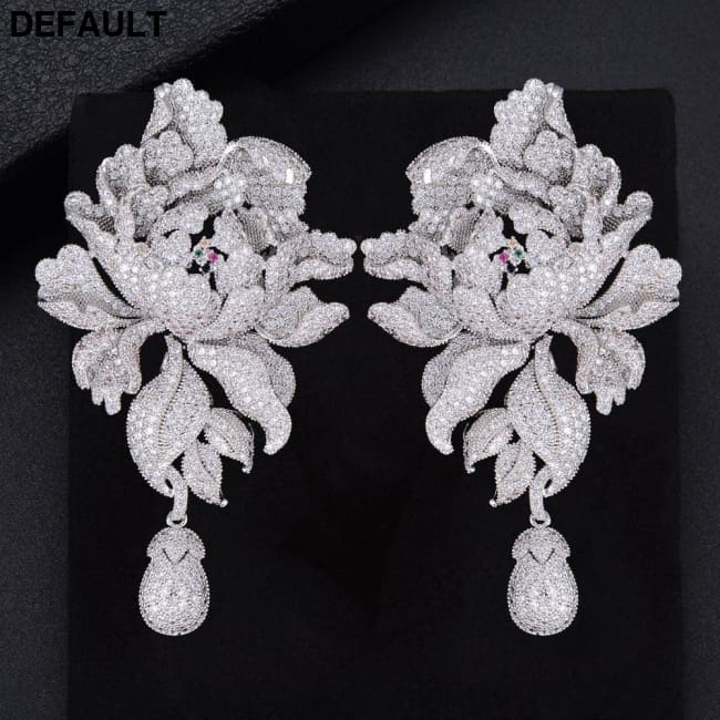 GODK 76mm Luxury Peony Flower Blossom Cubic Zirconia Women Statement Long Drop Earring Wedding Party Bridal Fringed