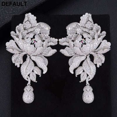 GODK 76mm Luxury Peony Flower Blossom Cubic Zirconia Women Statement Long Drop Earring Wedding Party Bridal Fringed