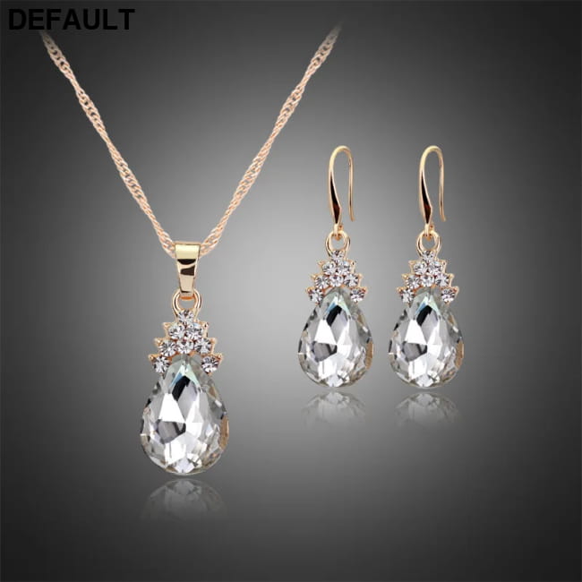 Gold Crystal Jewelry Sets Wedding Necklace and Earrings 3pcs Sterling Silver