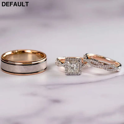 Gorgeous Women/Men Wedding Set Rings Mosaic AAAA CZ Two Tone Romantic Female Engagement Fashion Jewelry Top Quality