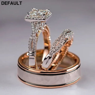 Gorgeous Women/Men Wedding Set Rings Mosaic AAAA CZ Two Tone Romantic Female Engagement Fashion Jewelry Top Quality