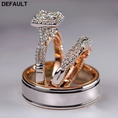 Gorgeous Women/Men Wedding Set Rings Mosaic AAAA CZ Two Tone Romantic Female Engagement Fashion Jewelry Top Quality